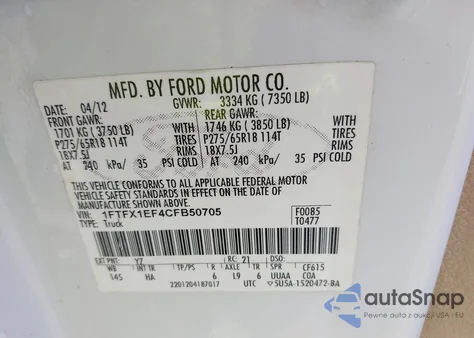 2012 Ford F-150 Lariat z USA, uszkodzony, nr VIN 1FTFX1EF4CFB50705